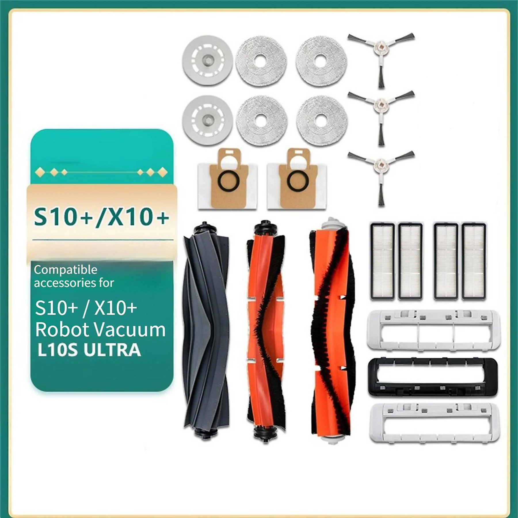 Ersatzteile für S10+/X10+ Roboterstaubsauger: Bürsten, Filter, Staubbeutel und Rahmen.