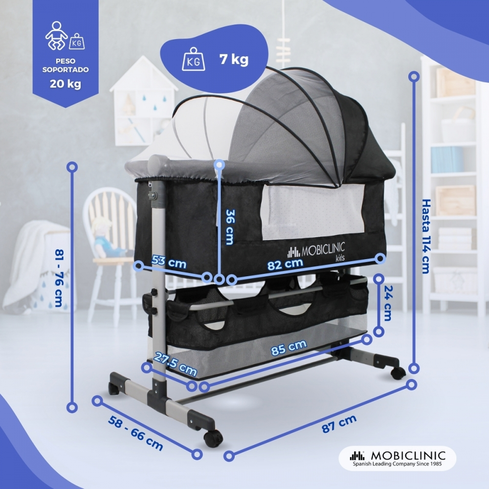 Una cuna negra con dimensiones y dosel. Capacidad máxima de 20 kg.