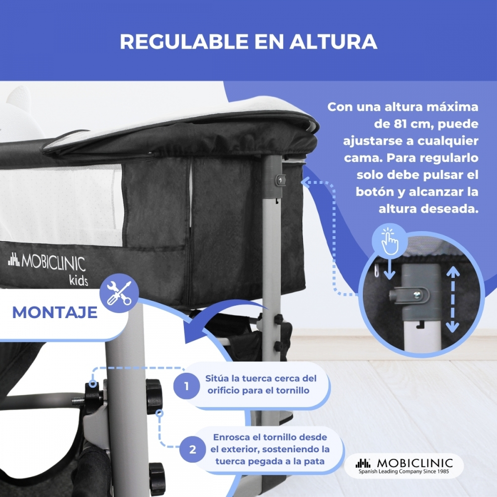 Cuna de bebé regulable en altura con instrucciones y ajuste.