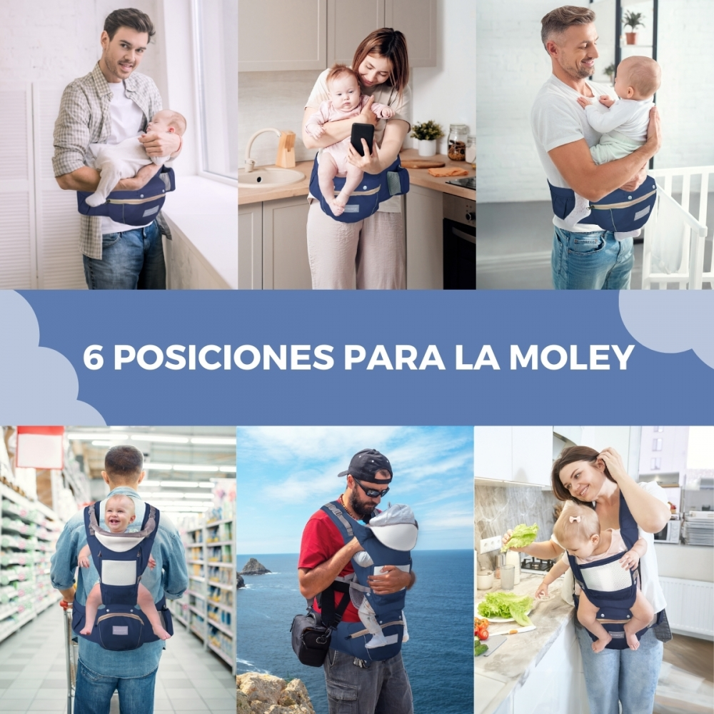 Personas cargando bebés en portabebés en varios entornos.