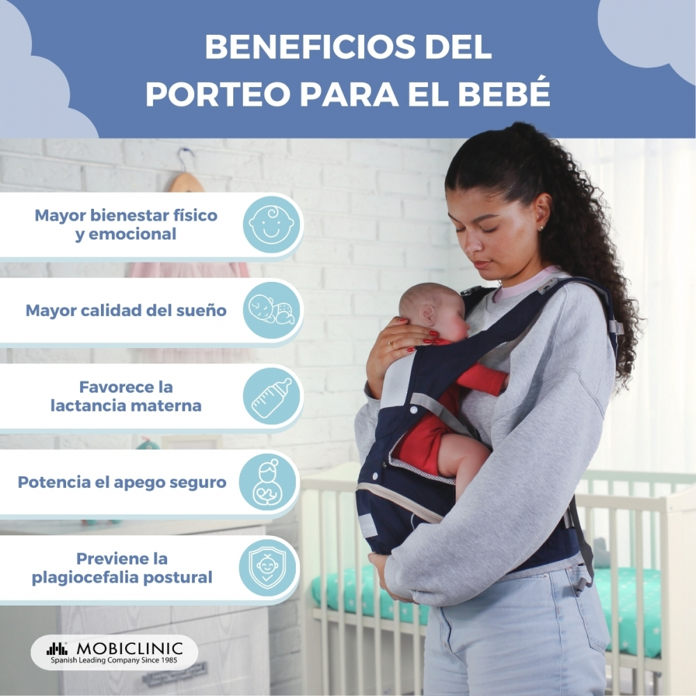 Una mujer lleva un bebé en un portabebés. El texto lista beneficios.