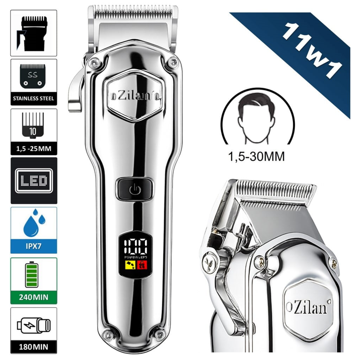 Chromowana maszynka do strzyżenia z wyświetlaczem LED, funkcją 11 w 1 i regulacją długości.