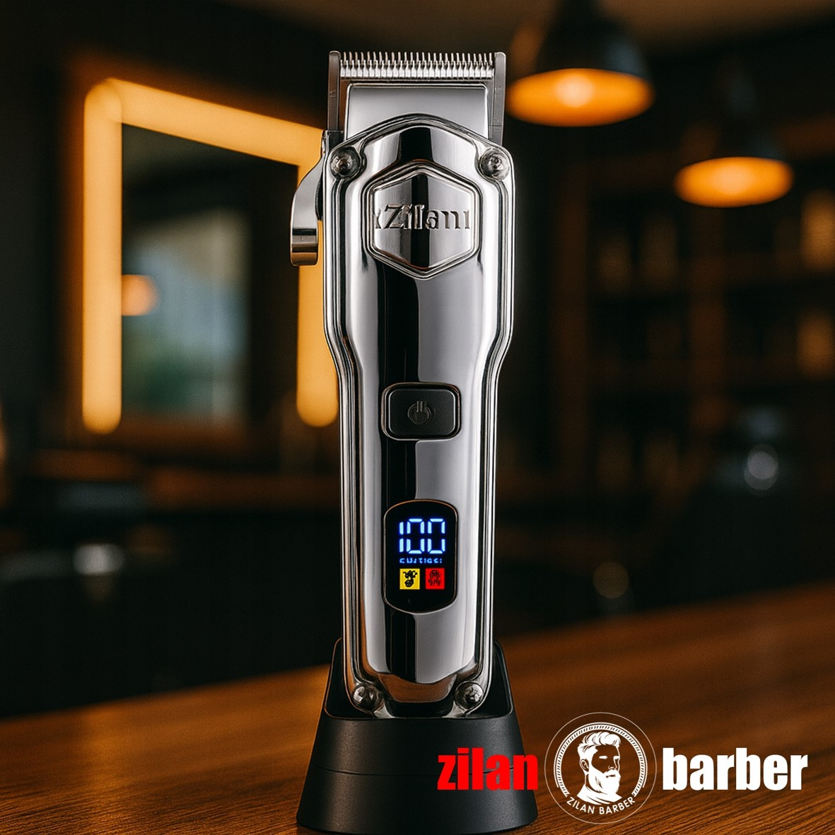 Błyszcząca srebrna maszynka do strzyżenia włosów z cyfrowym wyświetlaczem stoi na ciemnej podstawie.
