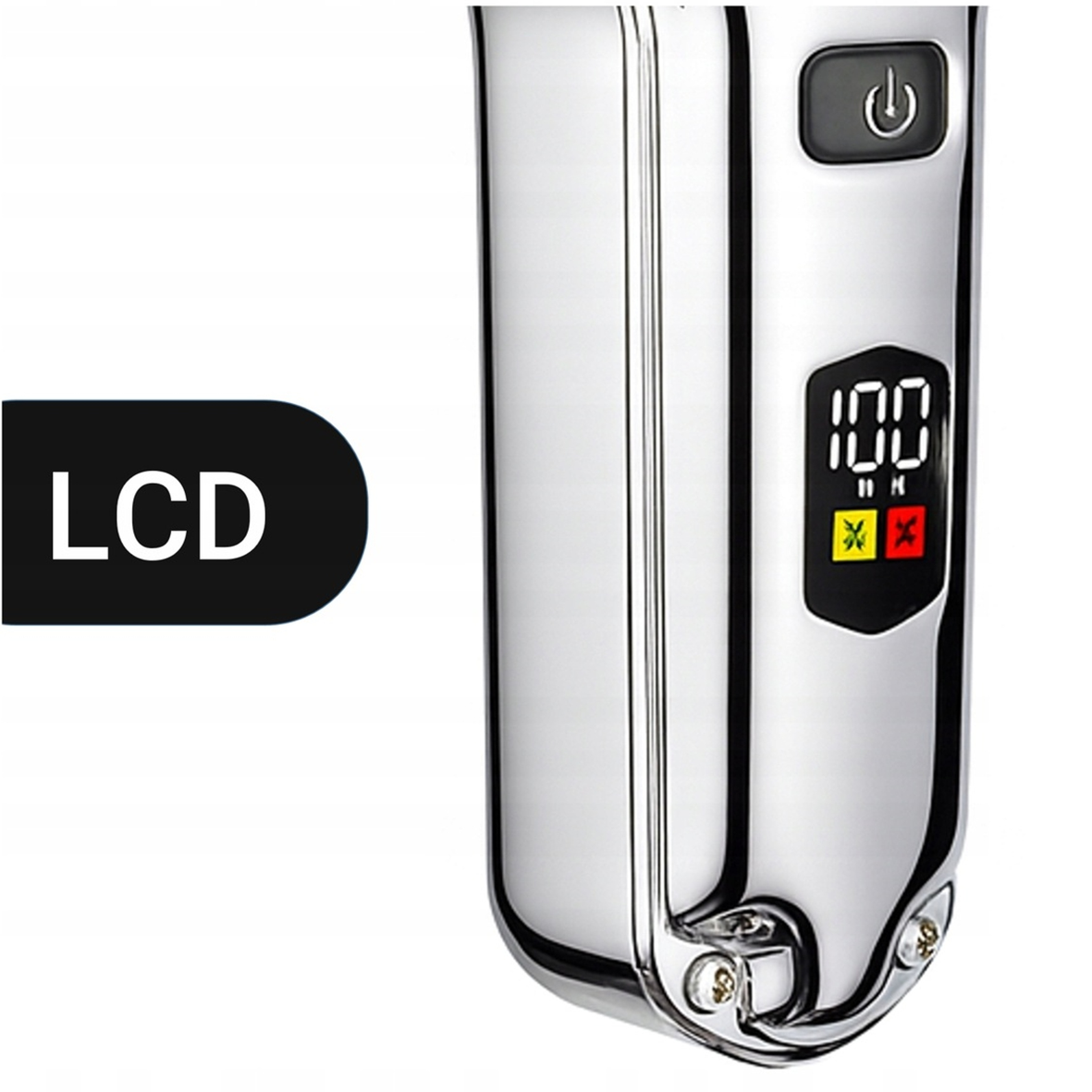 Zbliżenie chromowej golarki elektrycznej z przyciskiem zasilania i ekranem LCD.