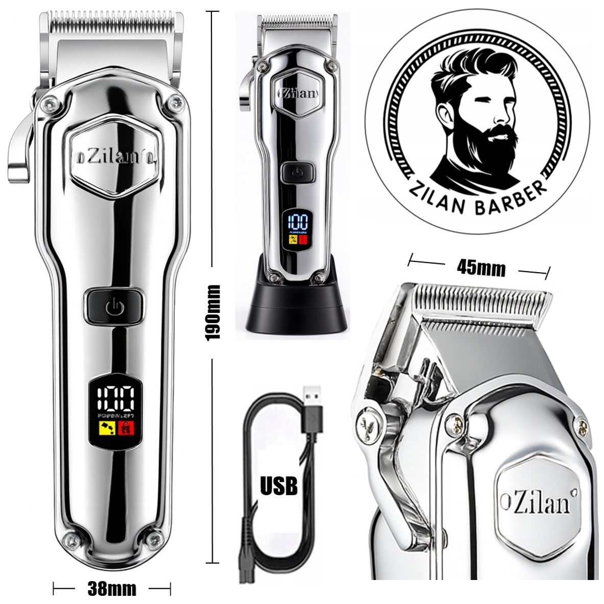 Srebrna maszynka do strzyżenia włosów z cyfrowym wyświetlaczem i kablem USB.