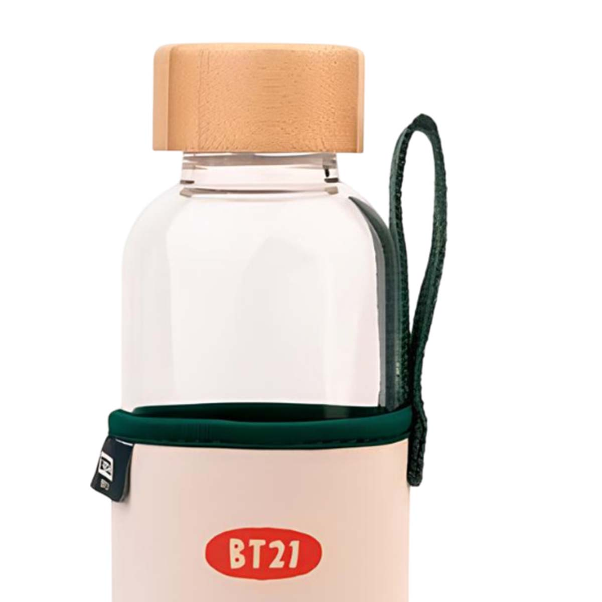 Una borraccia trasparente con tappo in legno, cinturino e logo BT21.