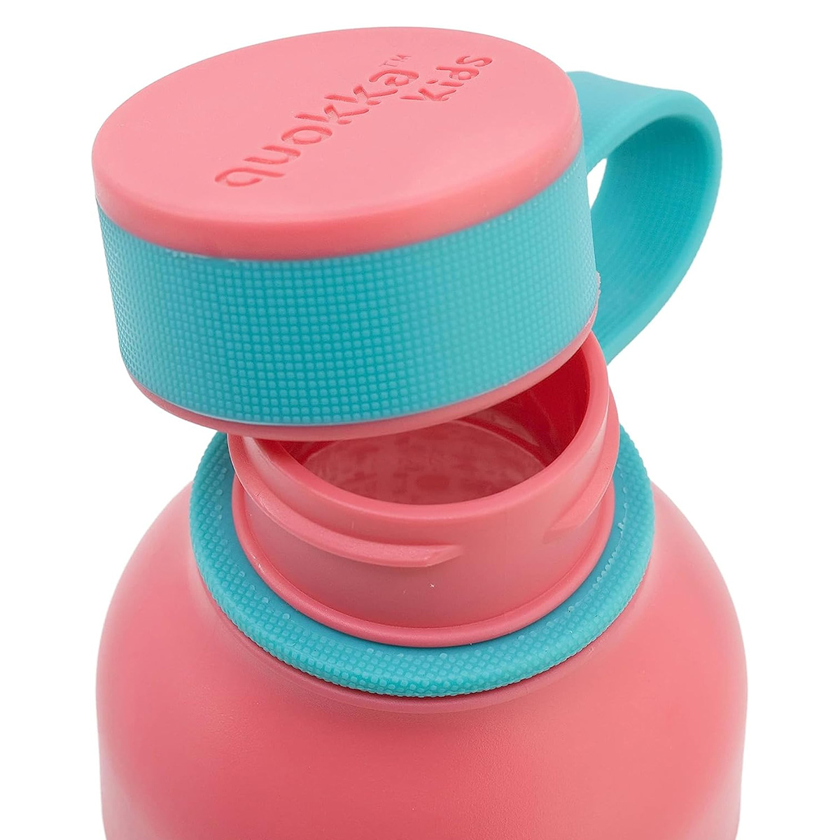 Borraccia rosa con tappo e manico turchesi.