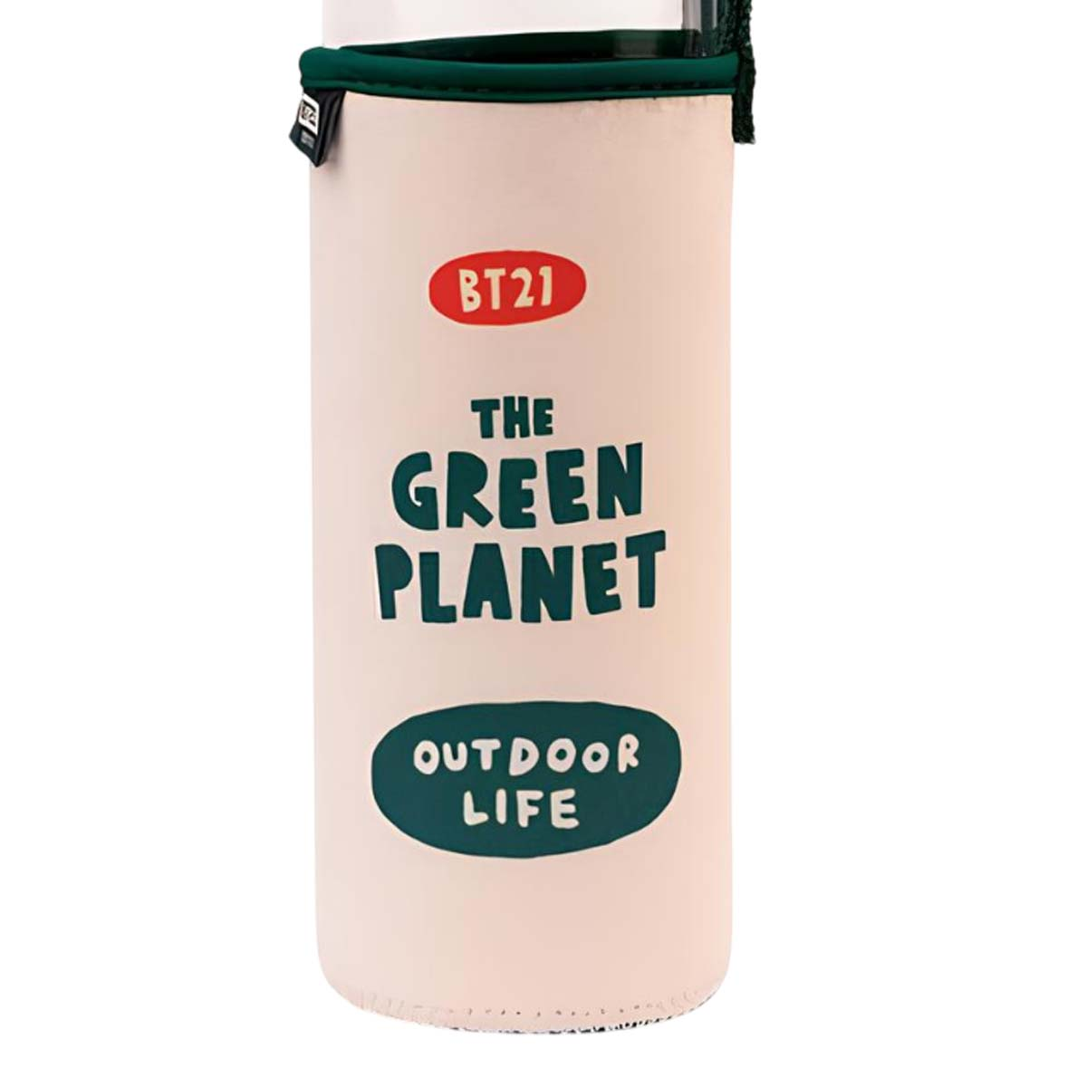 Una custodia bianca con scritte verdi e rosse: BT21, THE GREEN PLANET, OUTDOOR LIFE.