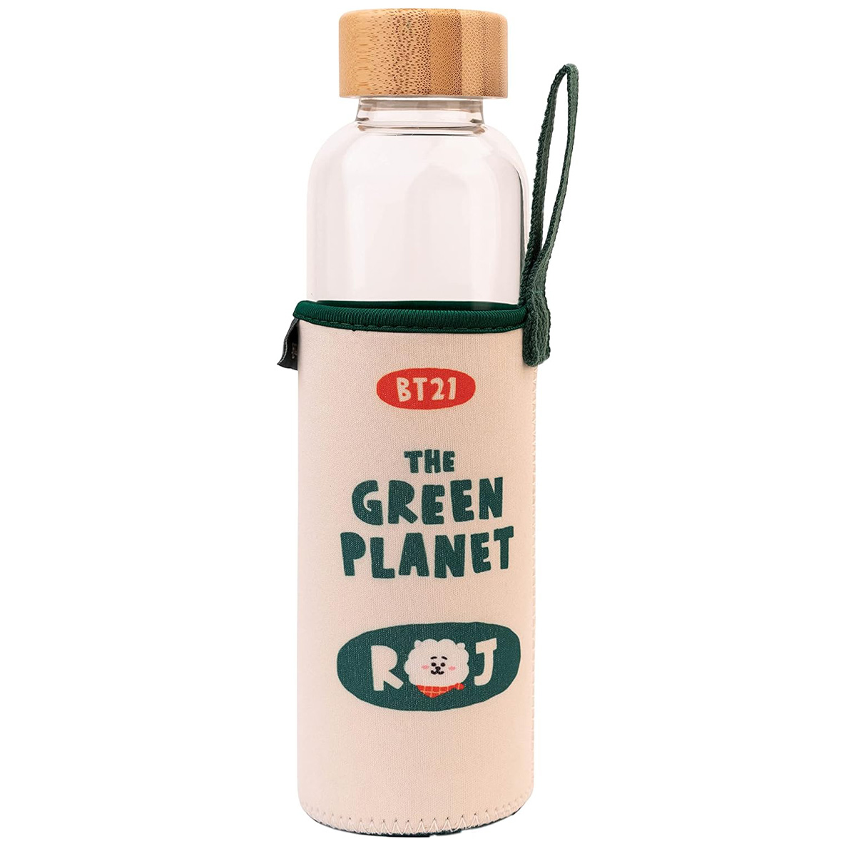 Bottiglia di vetro con tappo in bambù e custodia beige con testo 'The Green Planet' e logo orso.