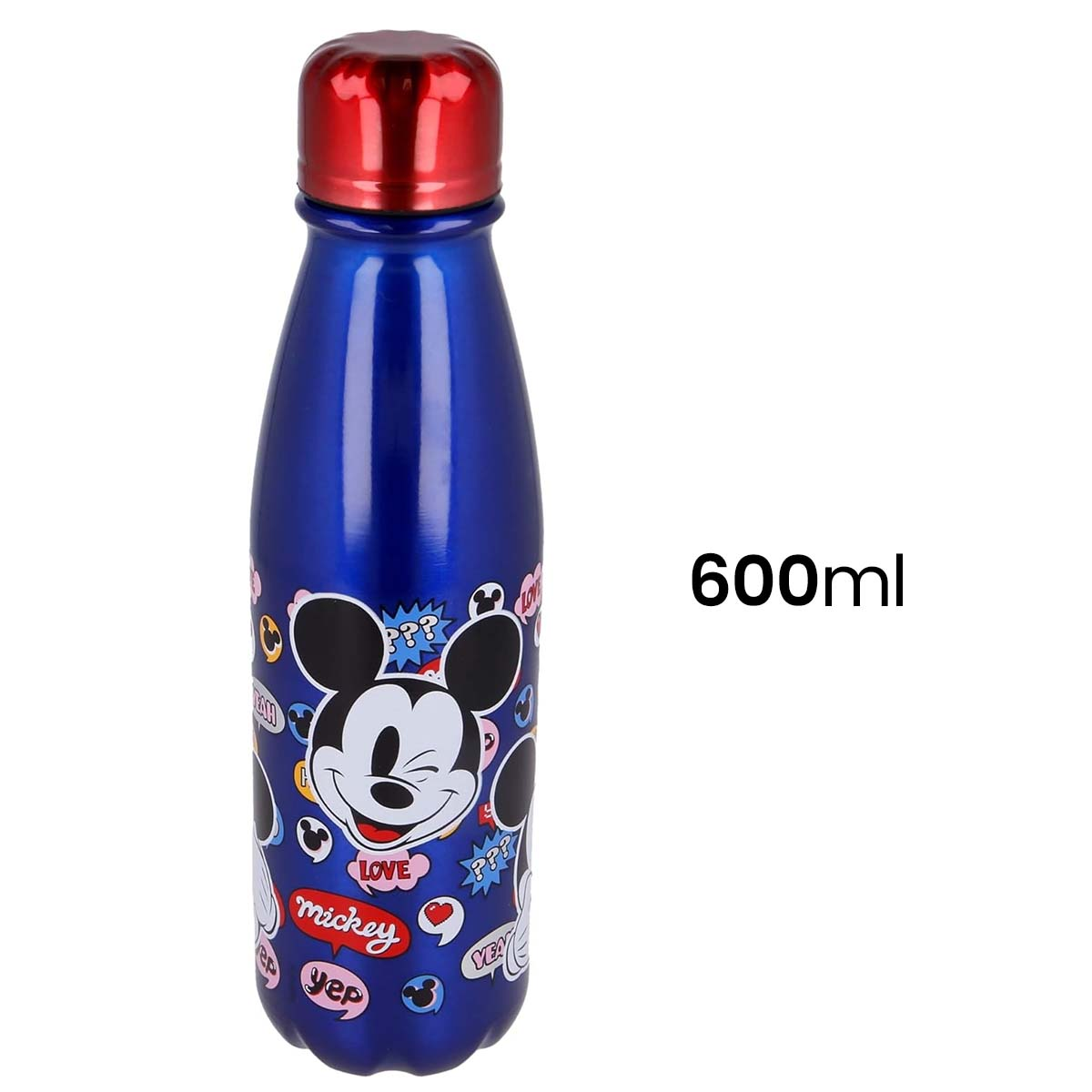 Borraccia blu da 600 ml con stampa di Topolino e tappo rosso.