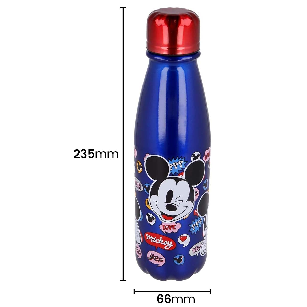 Una borraccia blu di Topolino con tappo rosso e stampa a fumetti.