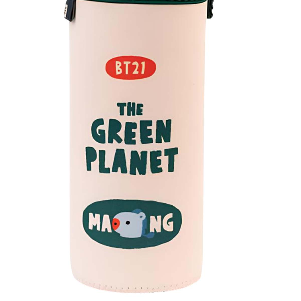 Un contenitore color crema con logo BT21 e testo "The Green Planet".