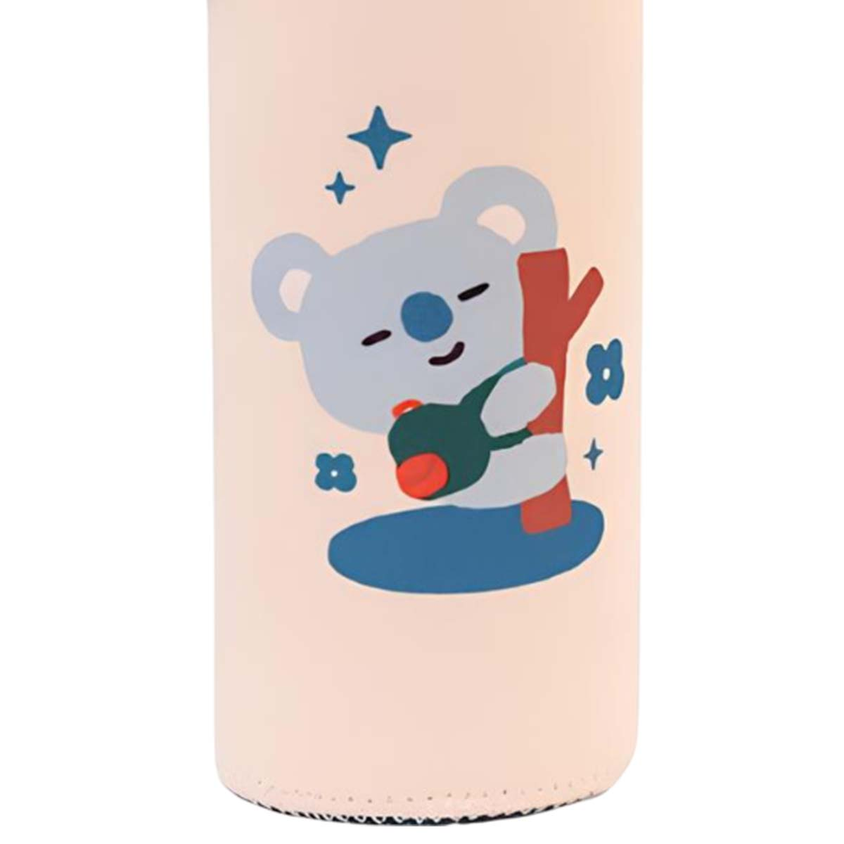 Un simpatico koala dei cartoni animati abbraccia un albero. Ha stelle blu e fiori.