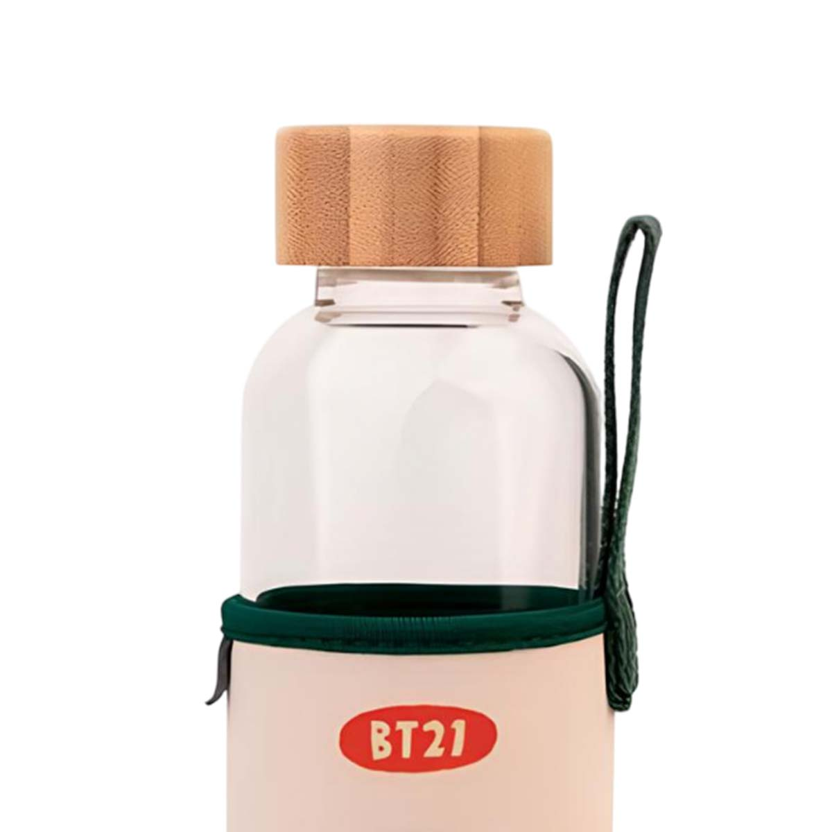 Una bottiglia di vetro con tappo in legno, custodia e cinghia. Logo BT21.