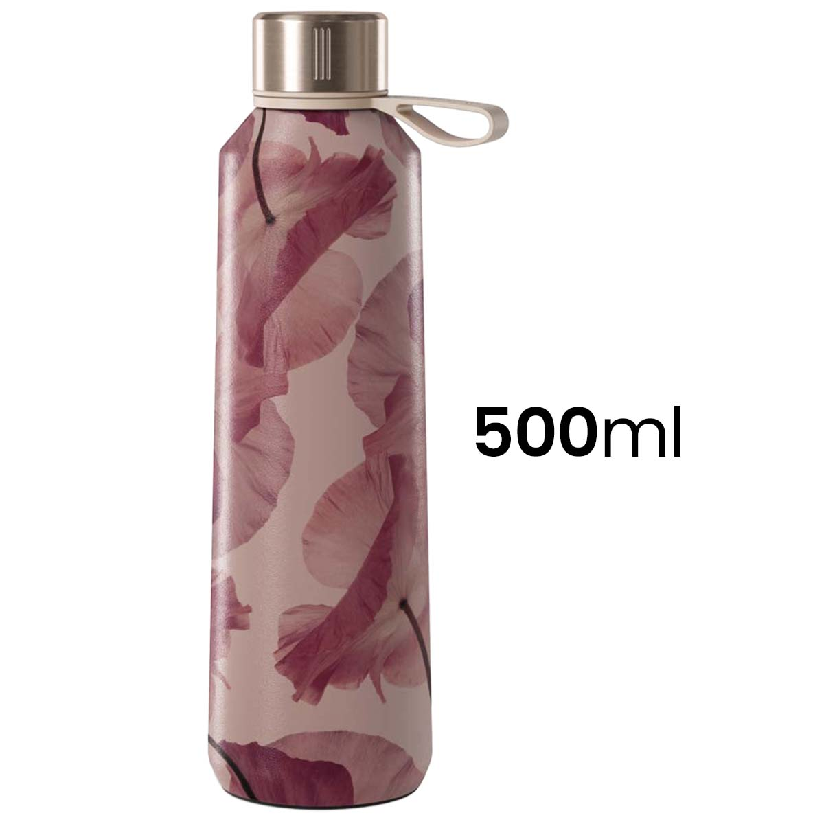 Botella floral rosa con tapa plateada, capacidad 500ml.