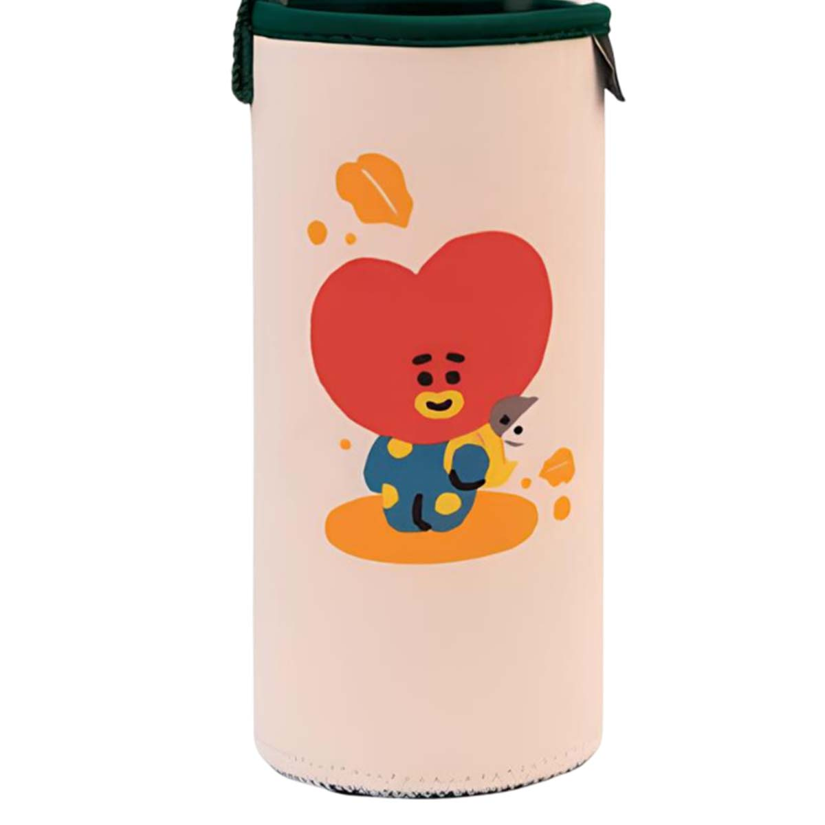 Una tazza beige chiaro con un personaggio a forma di cuore rosso in abiti blu.
