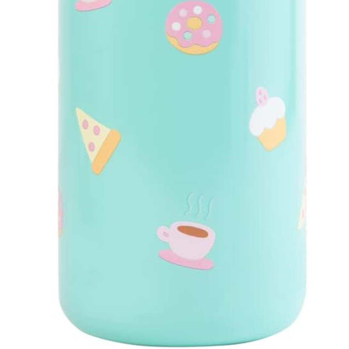 Contenitore turchese con stampe di ciambelle, cupcake, fette di pizza e tazze da caffè.