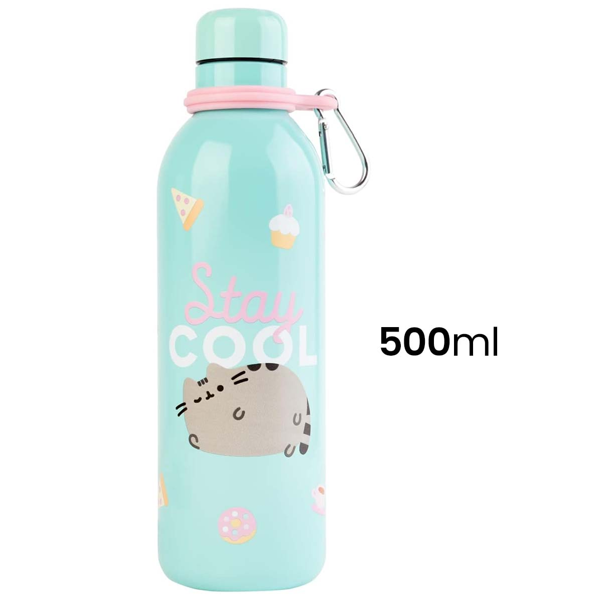Borraccia azzurra con stampa di gatto e disegno cakepop, 500ml.