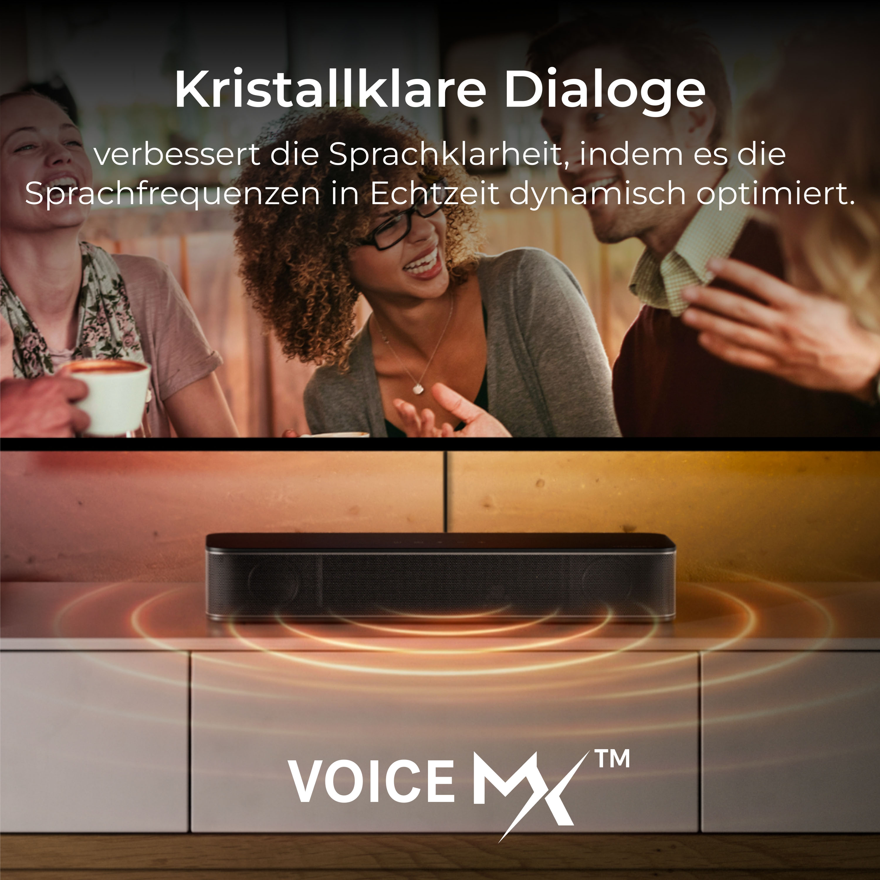 Czarny soundbar z falami świetlnymi z przodu, obok tekst.