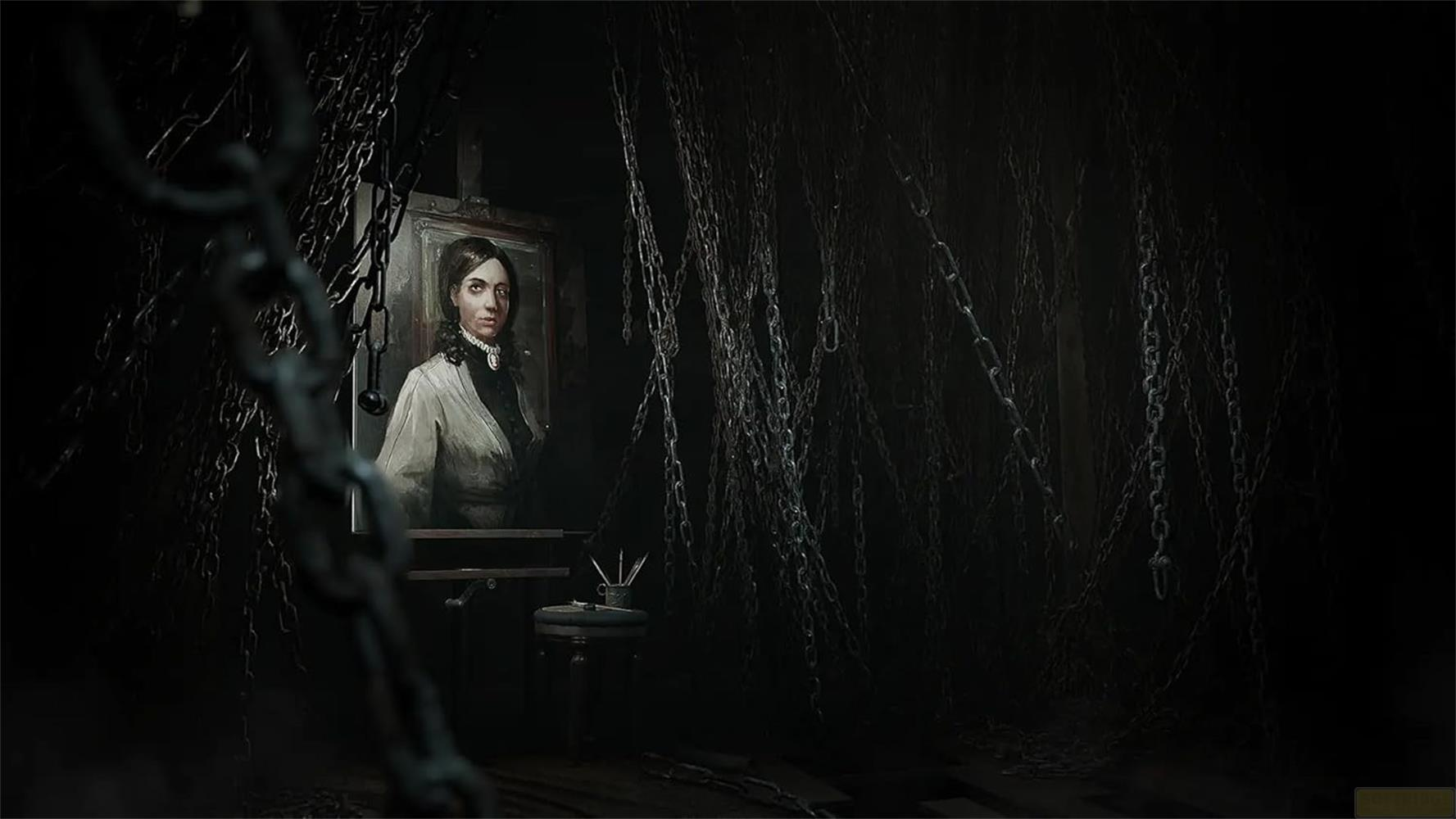 Obraz kobiety w ciemnym pokoju z wieloma łańcuchami.