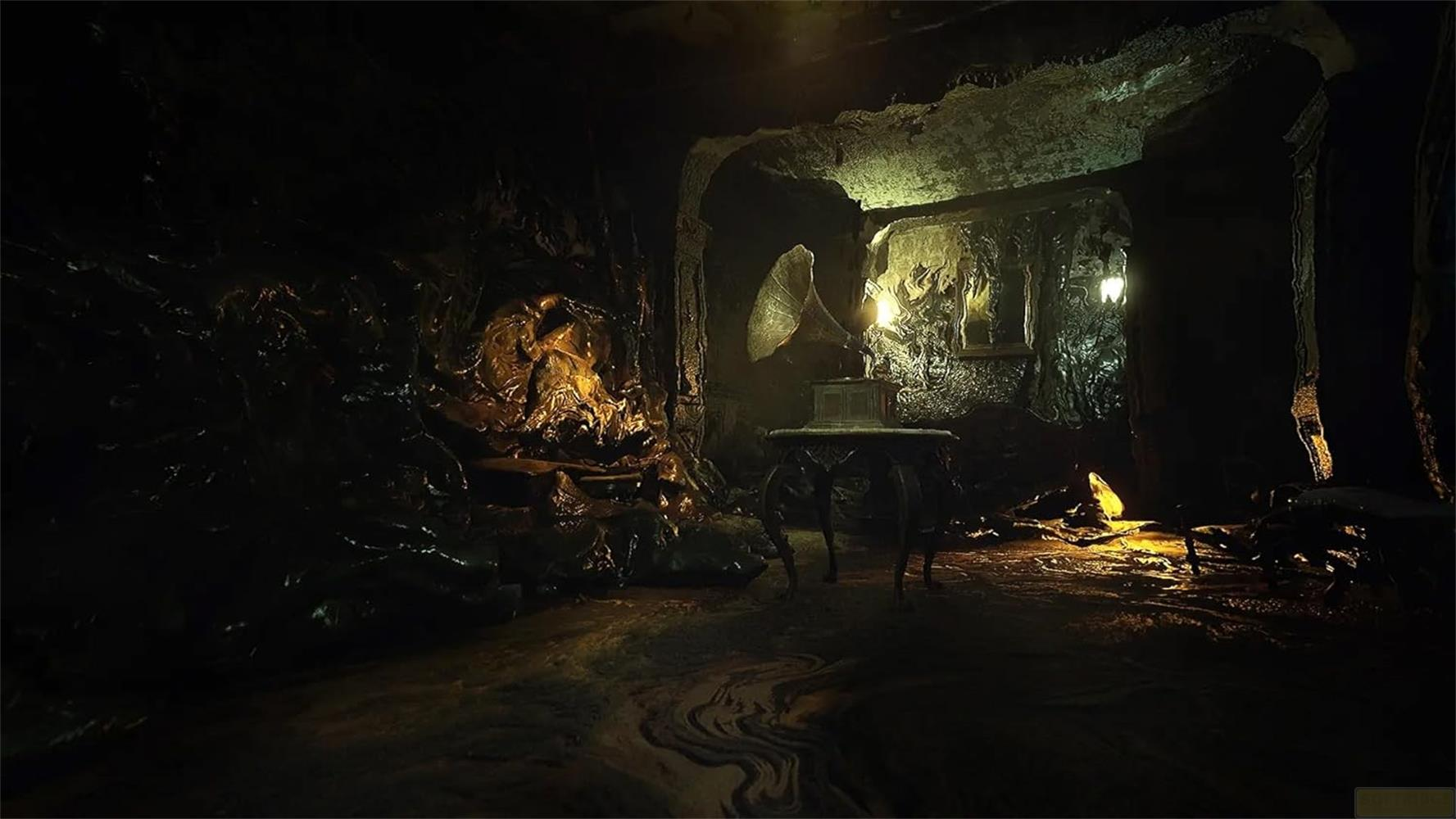 Stary gramofon stoi na stole w ciemnym, kamiennym pomieszczeniu.