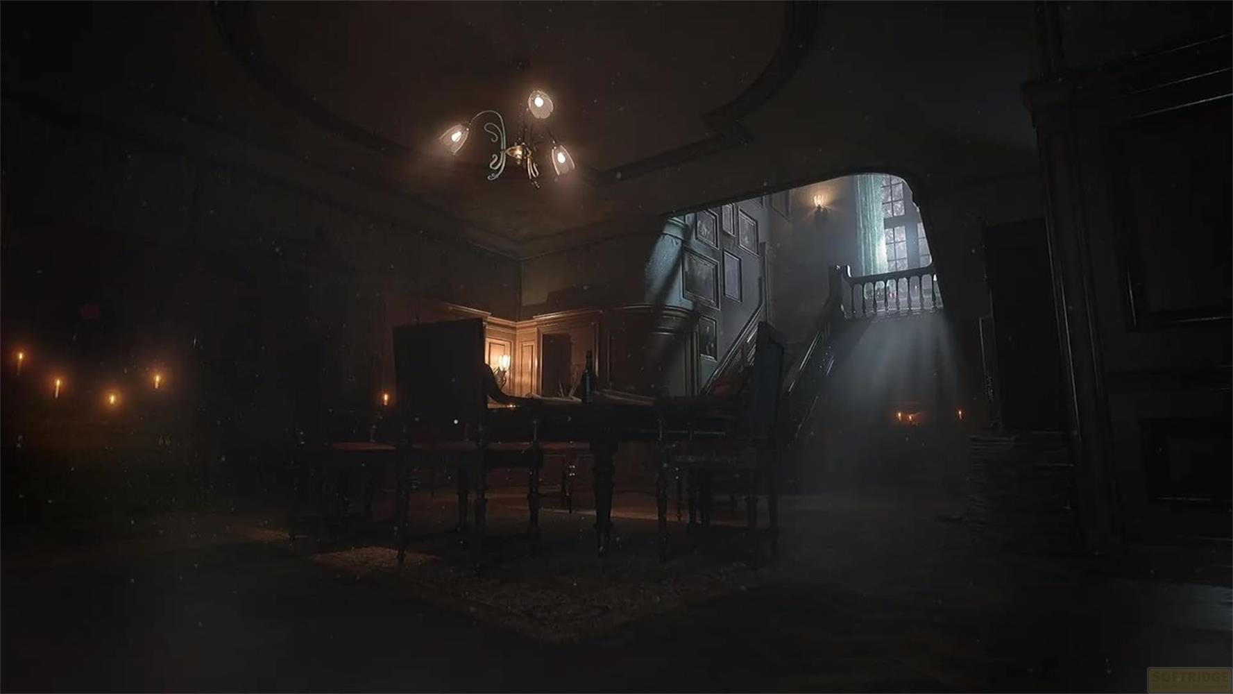 Mroczny pokój z pianinem i światłem świec, schody w tle.