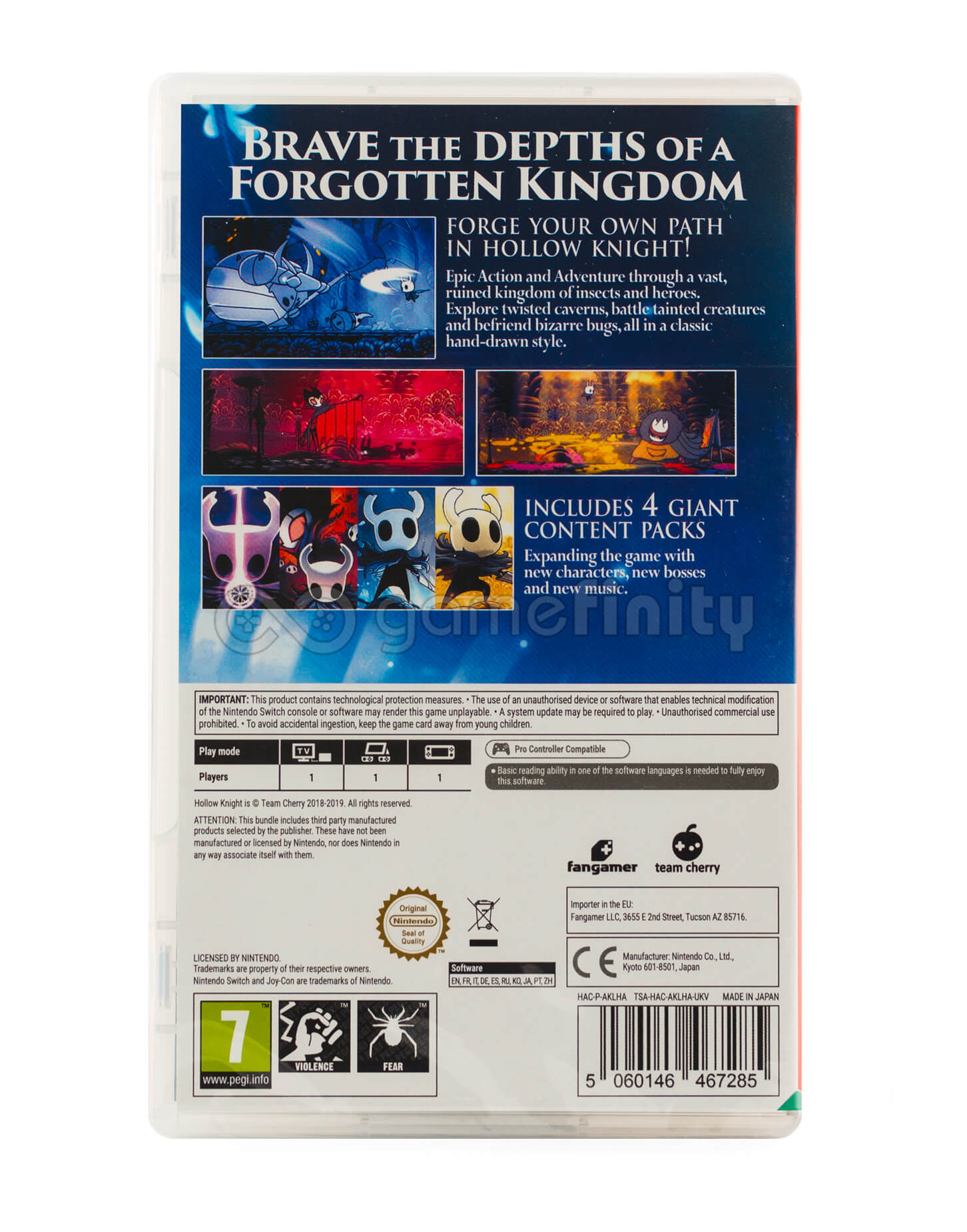 Pudełko gry Hollow Knight z opisem i obrazkami.