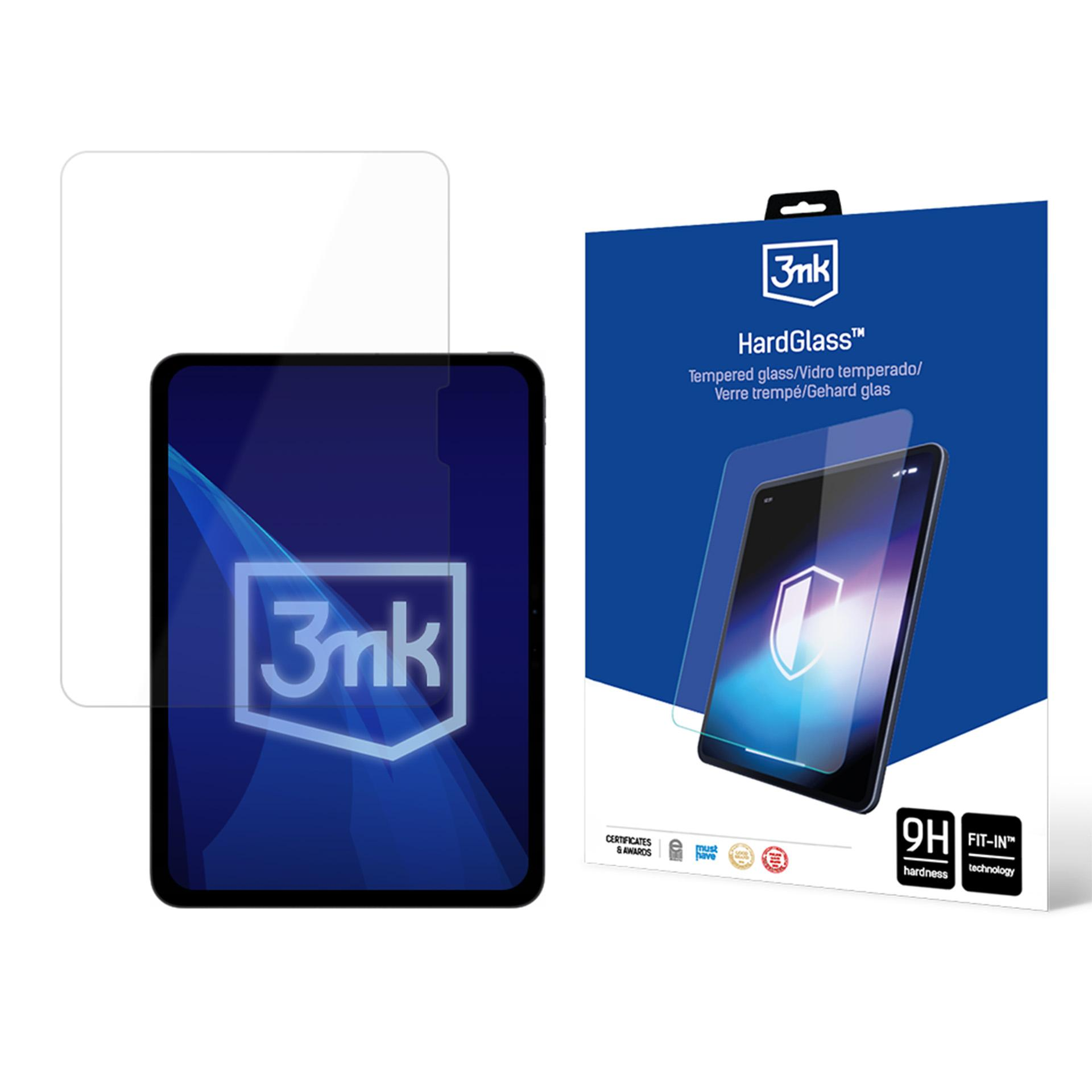 Una protezione schermo trasparente su un tablet, accanto alla sua confezione.