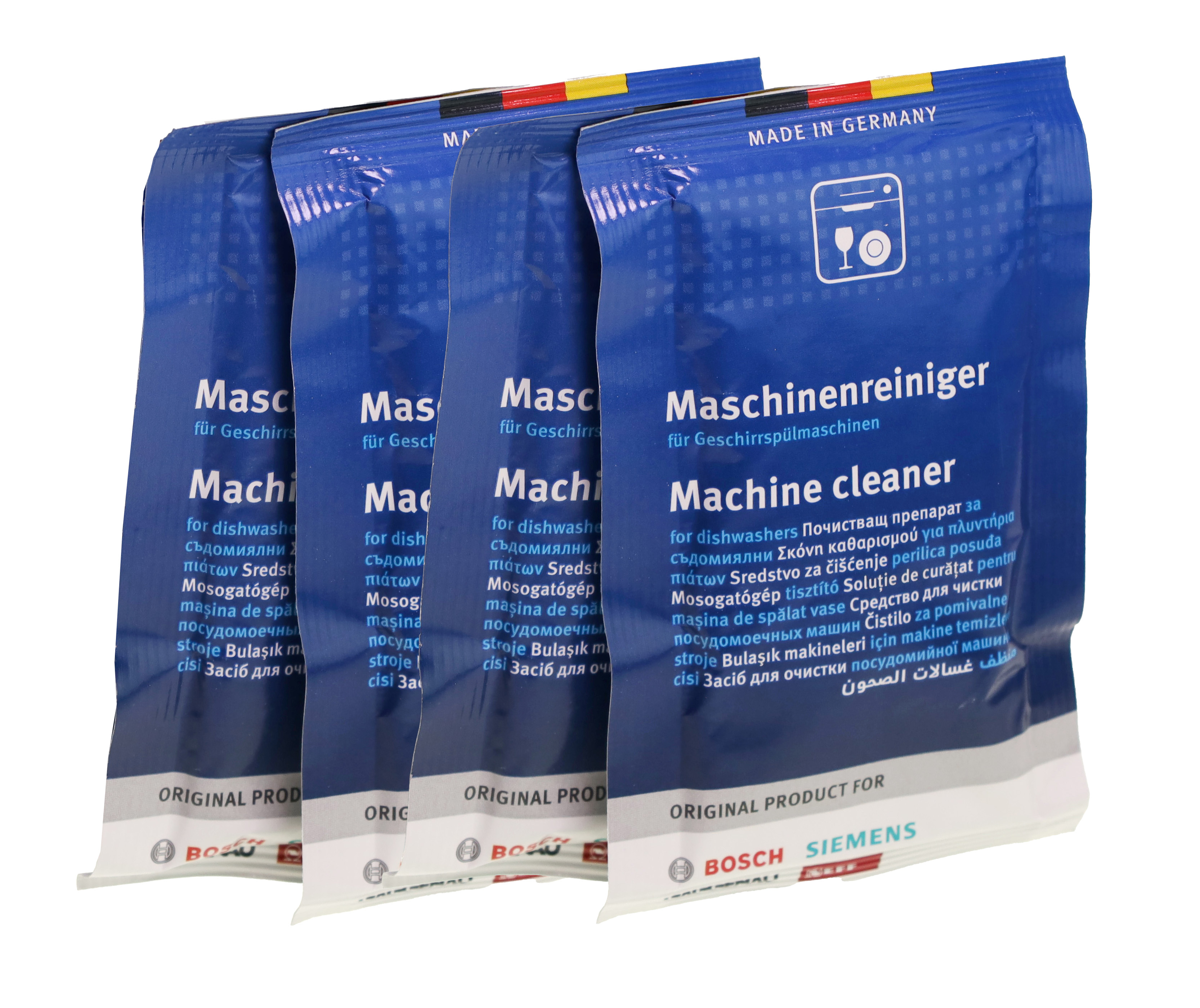 Vier Packungen maschinenreiniger von Bosch und Siemens, Made in Germany.