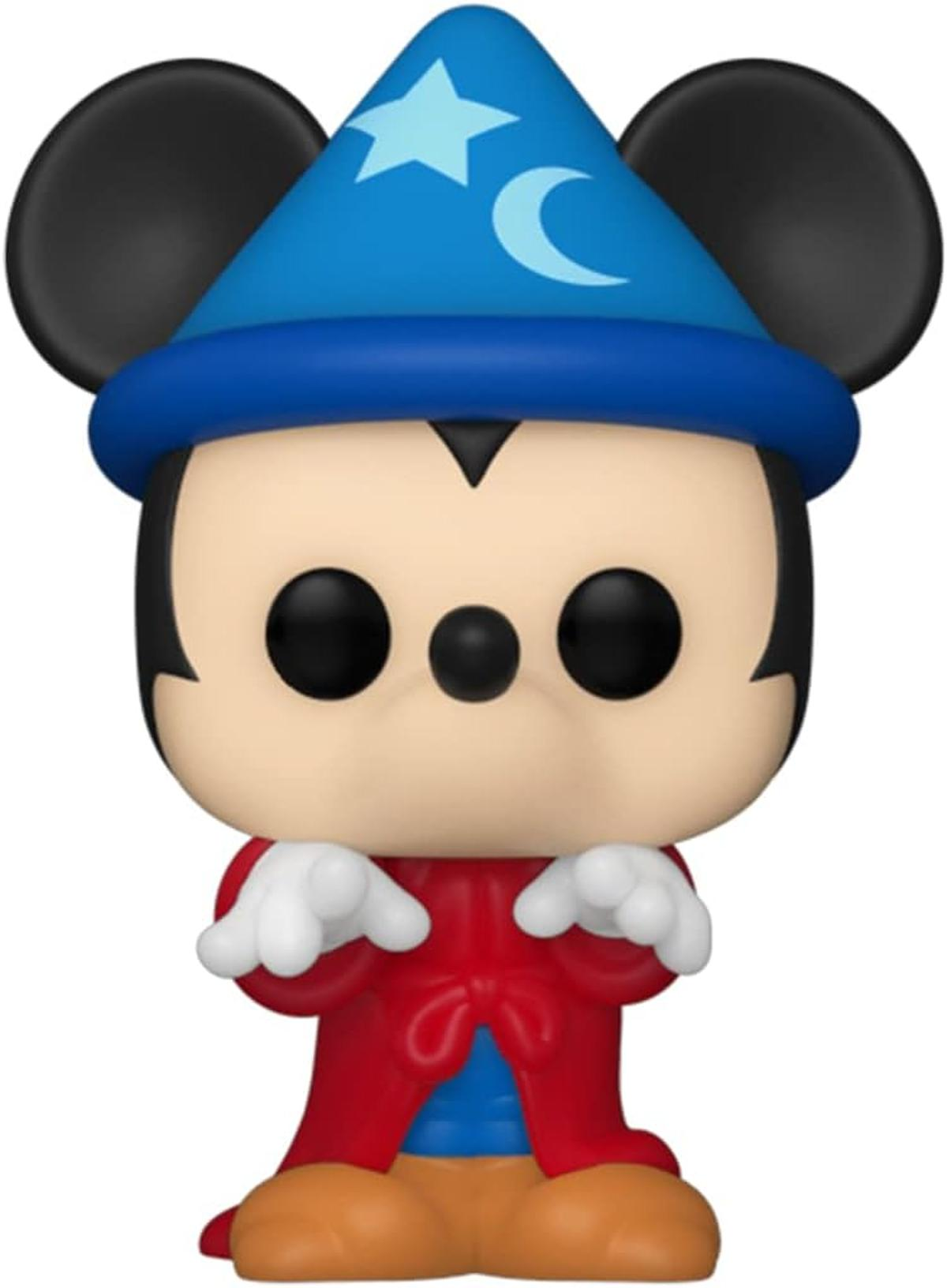 Topolino apprendista stregone con cappello blu di stelle e luna e mantello rosso.