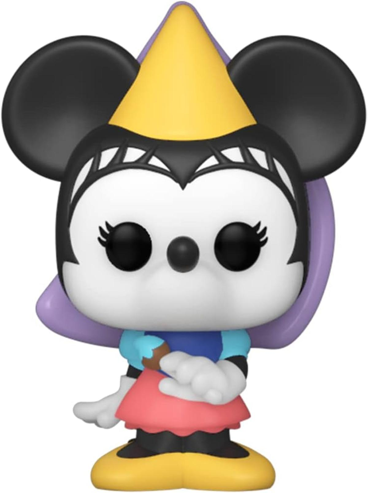 Statua di Minnie Mouse con cappello giallo e mantello viola, che tiene qualcosa di marrone.