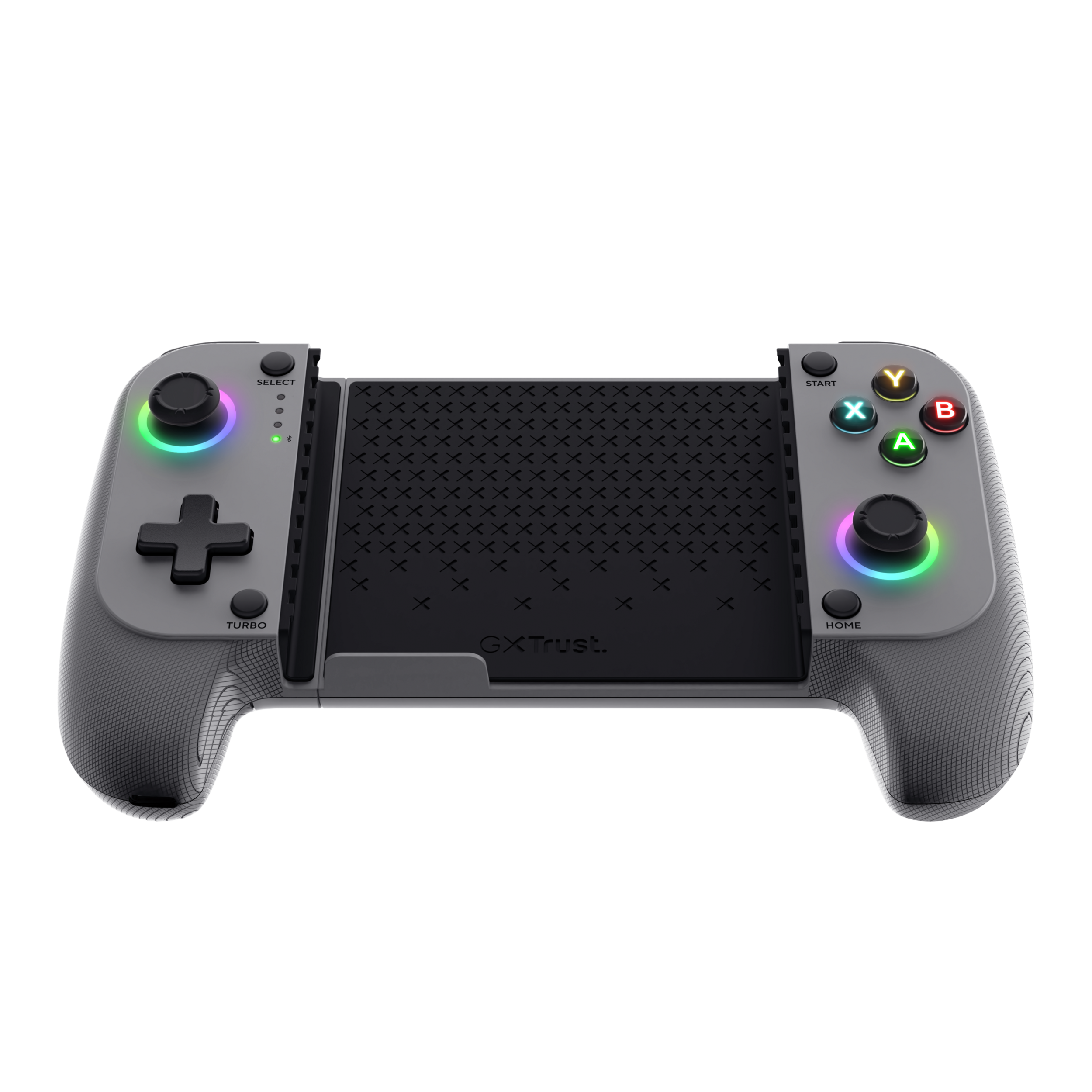 Ein grauer Gaming-Controller mit beleuchteten Knöpfen und Joysticks.