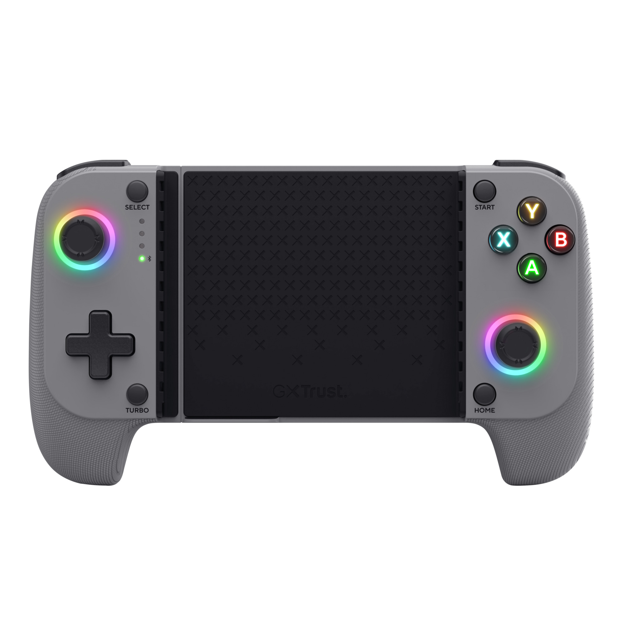 Grauer Gaming-Controller mit beleuchteten Tasten und schwarzem Mittelteil.