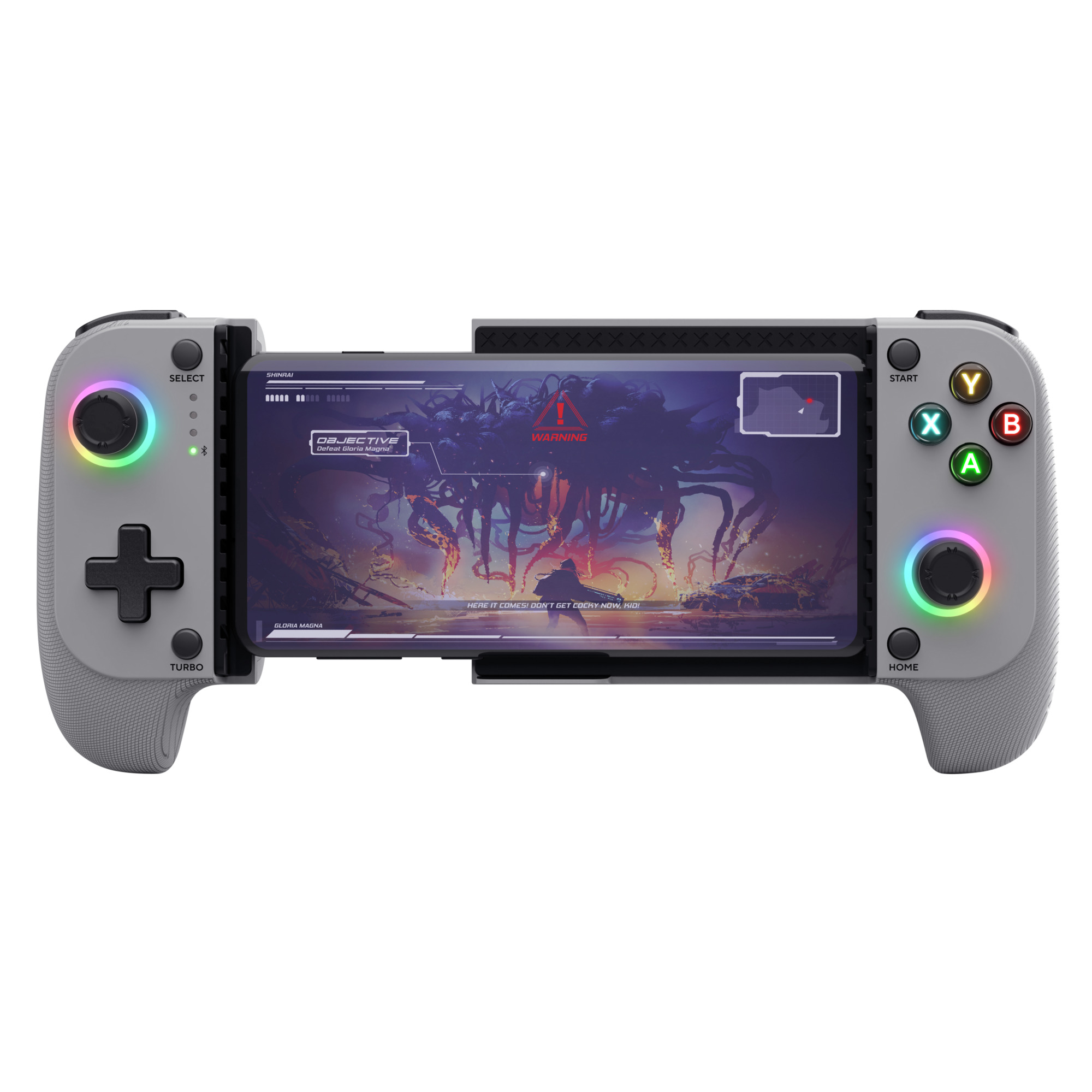 Grauer Gaming-Controller mit Smartphone und Spielszene. Leuchtende Knöpfe.