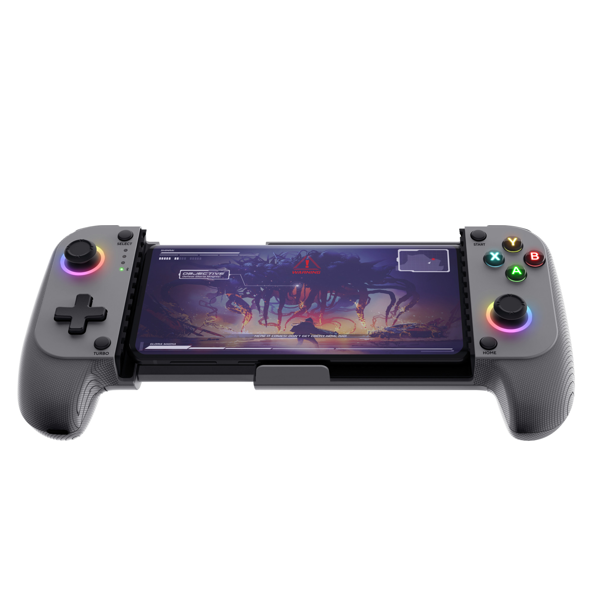 Grauer Gamecontroller hält Smartphone mit Spiel; Warnungssymbol oben.