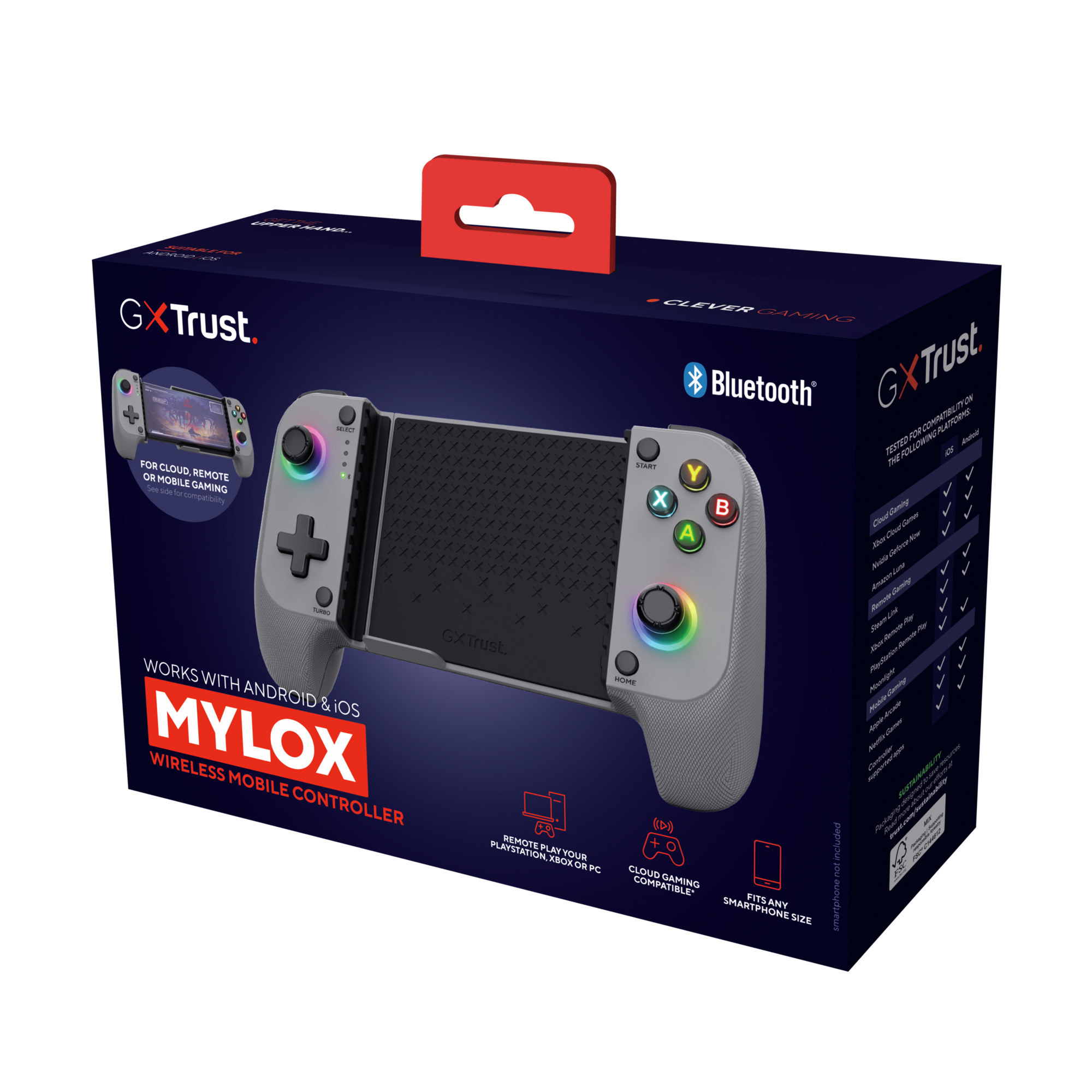 Verpackung eines grauen GX Trust MYLOX Gaming-Controllers mit Bluetooth und RGB-Beleuchtung.