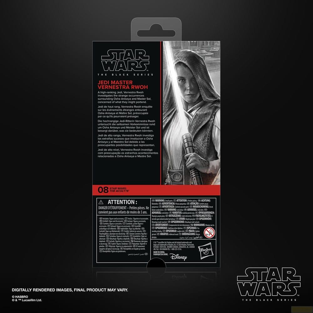 Figura Jedi de Star Wars de Vernestra Rwoh con sable de luz en caja negra.