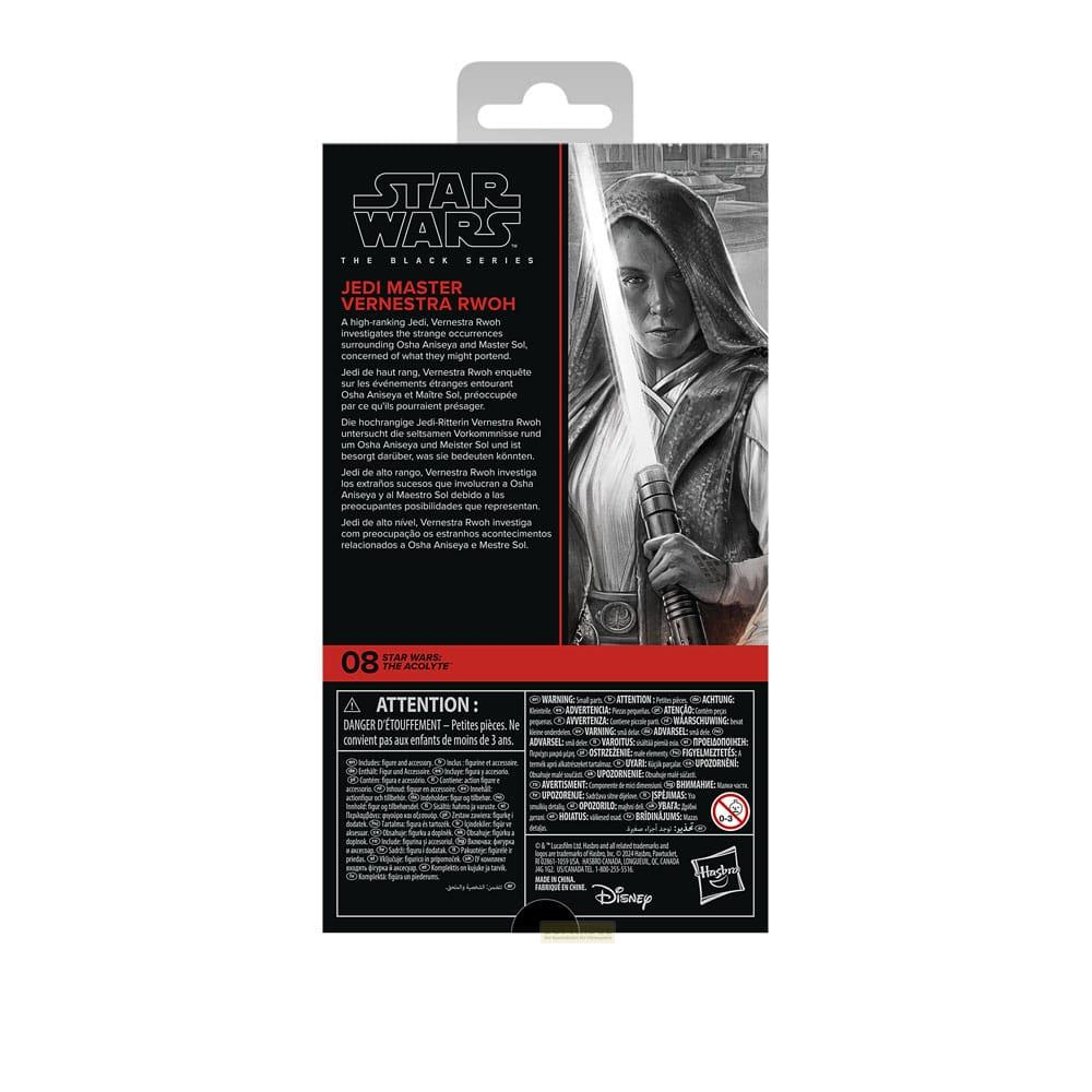 Figura de Star Wars Vernestra Rwoh en caja, con advertencias.