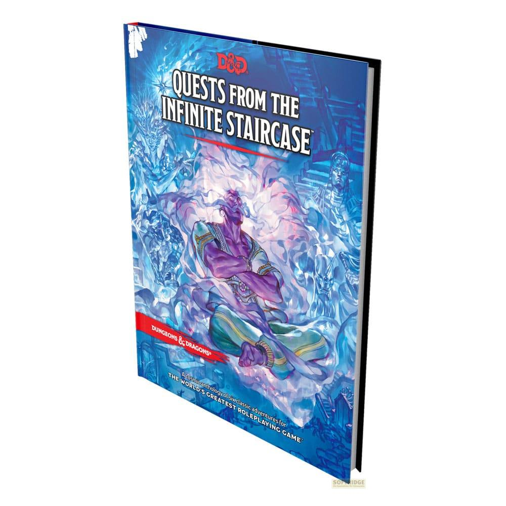 Couverture de livre D&D : Anthologie de quêtes avec créature violette et escalier.