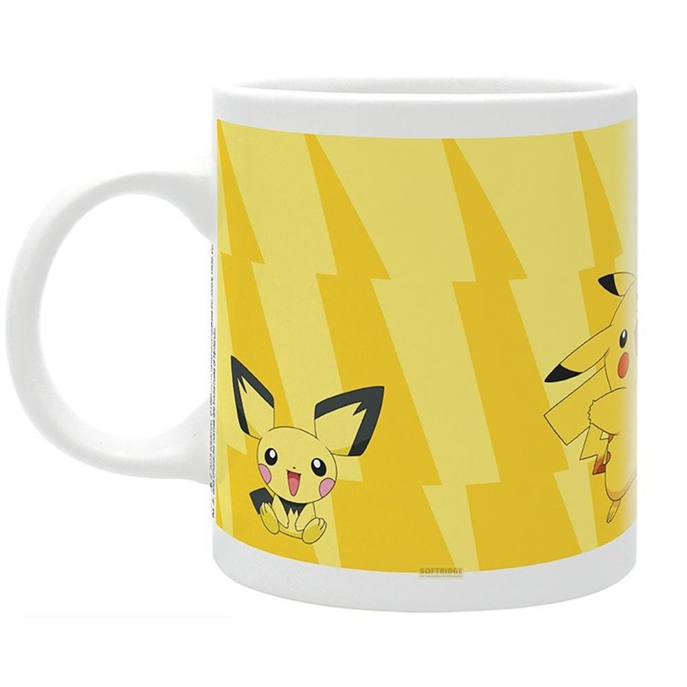 Eine weiße Tasse mit gelbem Blitzmuster und Pikachu-Illustrationen.