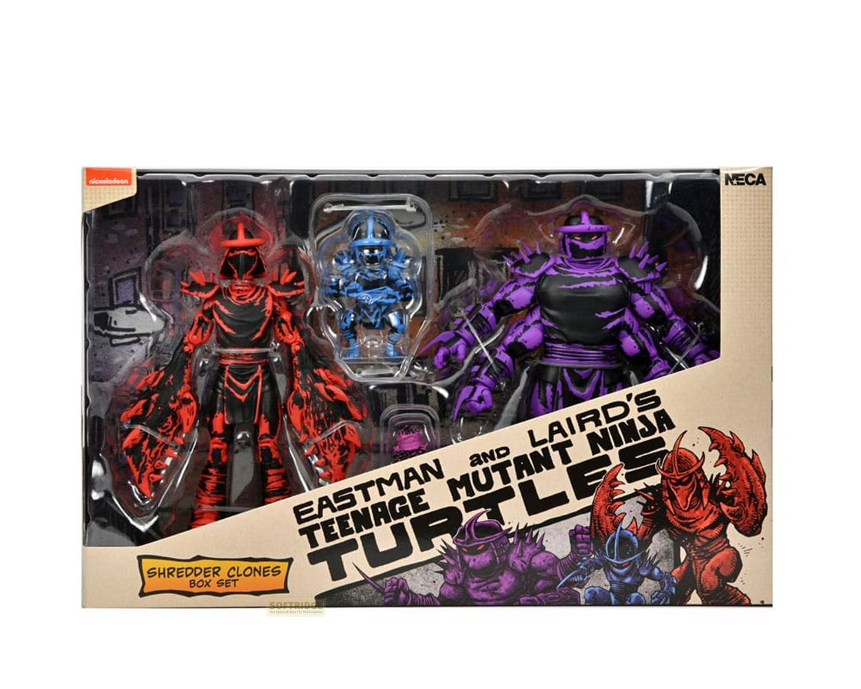 Set de caja de clones de Shredder de NECA Teenage Mutant Ninja Turtles con figuras rojas, moradas y azules.