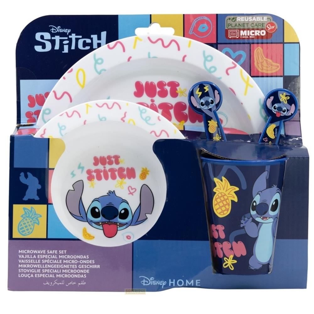 Un set di stoviglie Disney Stitch con piatto, ciotola, tazza e cucchiai.