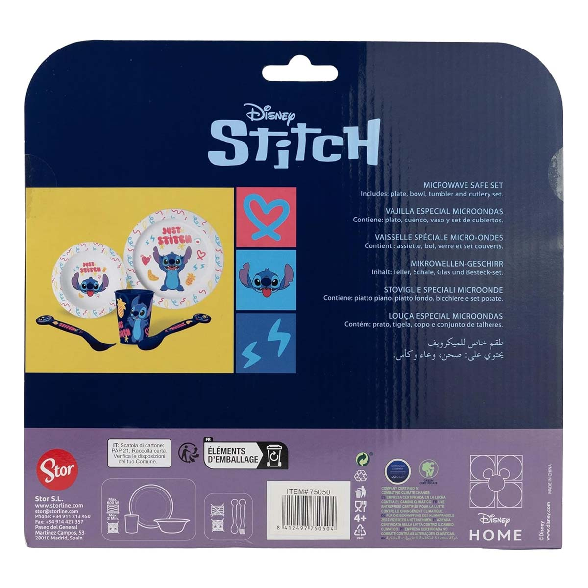 Set stoviglie Disney Stitch per microonde: piatto, ciotola, bicchiere e posate.