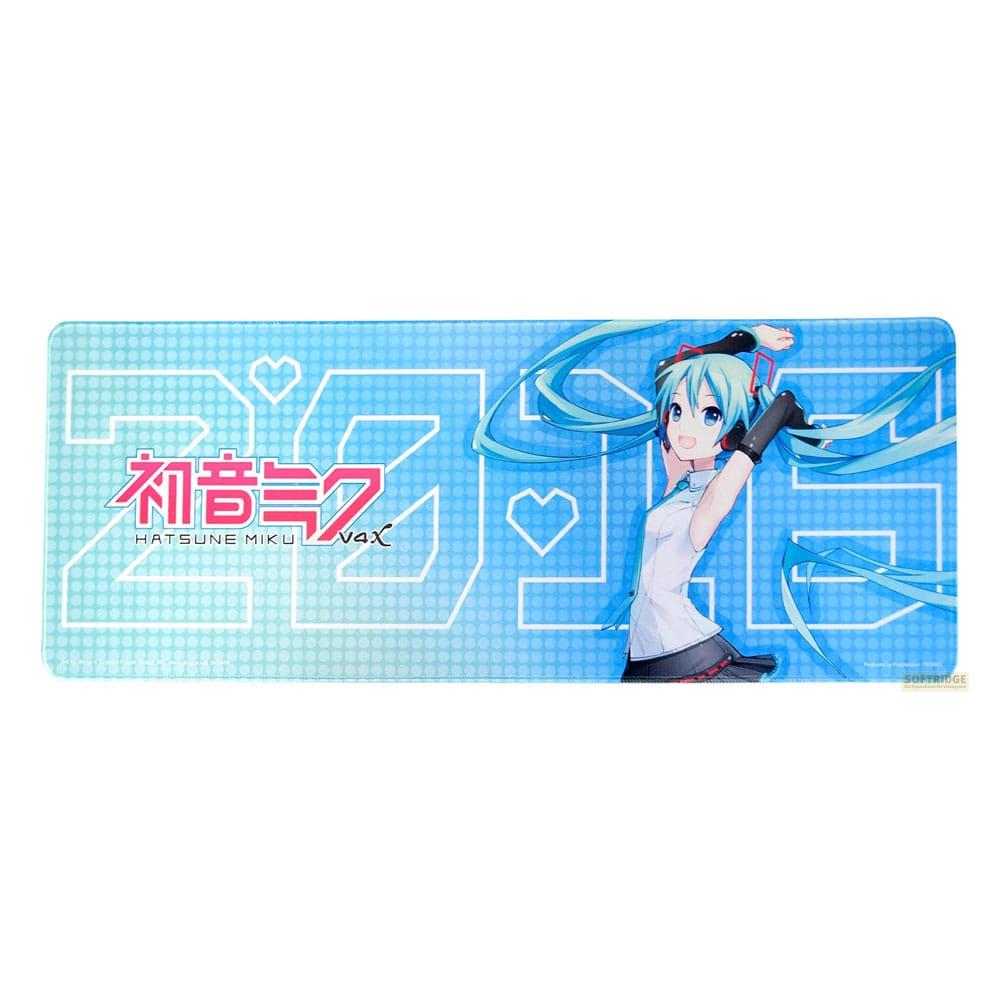 Hatsune Miku mit langen türkisen Haaren, Kopfhörern und blauer Kleidung.