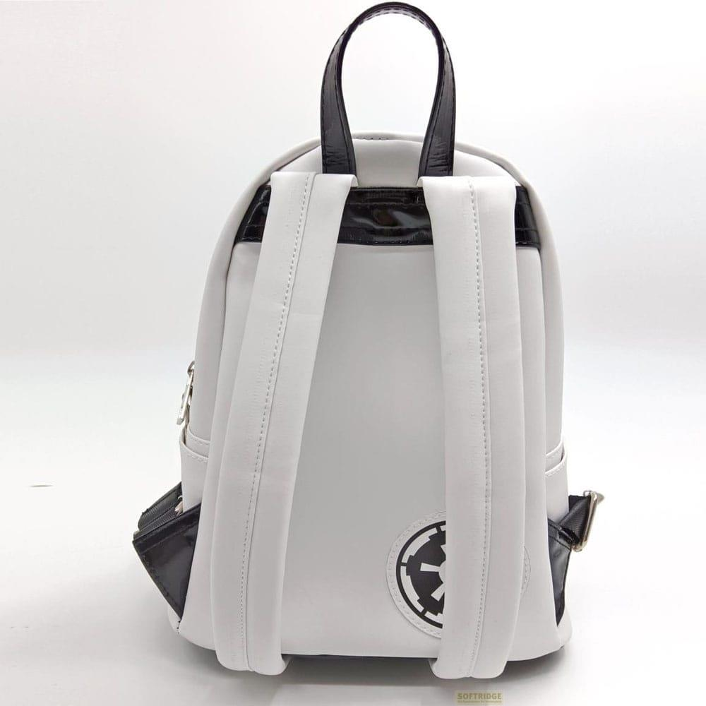 Weißer Rucksack mit schwarzem Logo und Trägern.