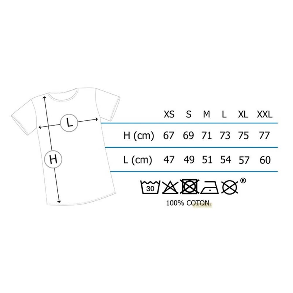 Größentabelle für T-Shirts mit Maßen in cm für Höhe und Länge.