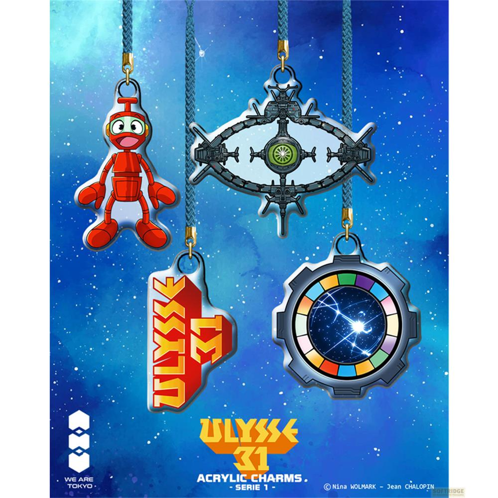 Cuatro amuletos: robot rojo, emblema nave espacial, texto rojo ULYSSE y emblema circular.