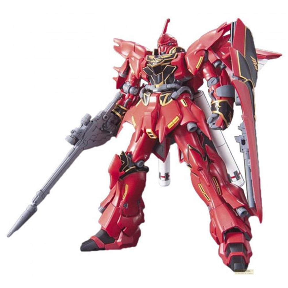 Ein roter Gundam-Roboter mit detaillierter Rüstung und einem Gewehr.