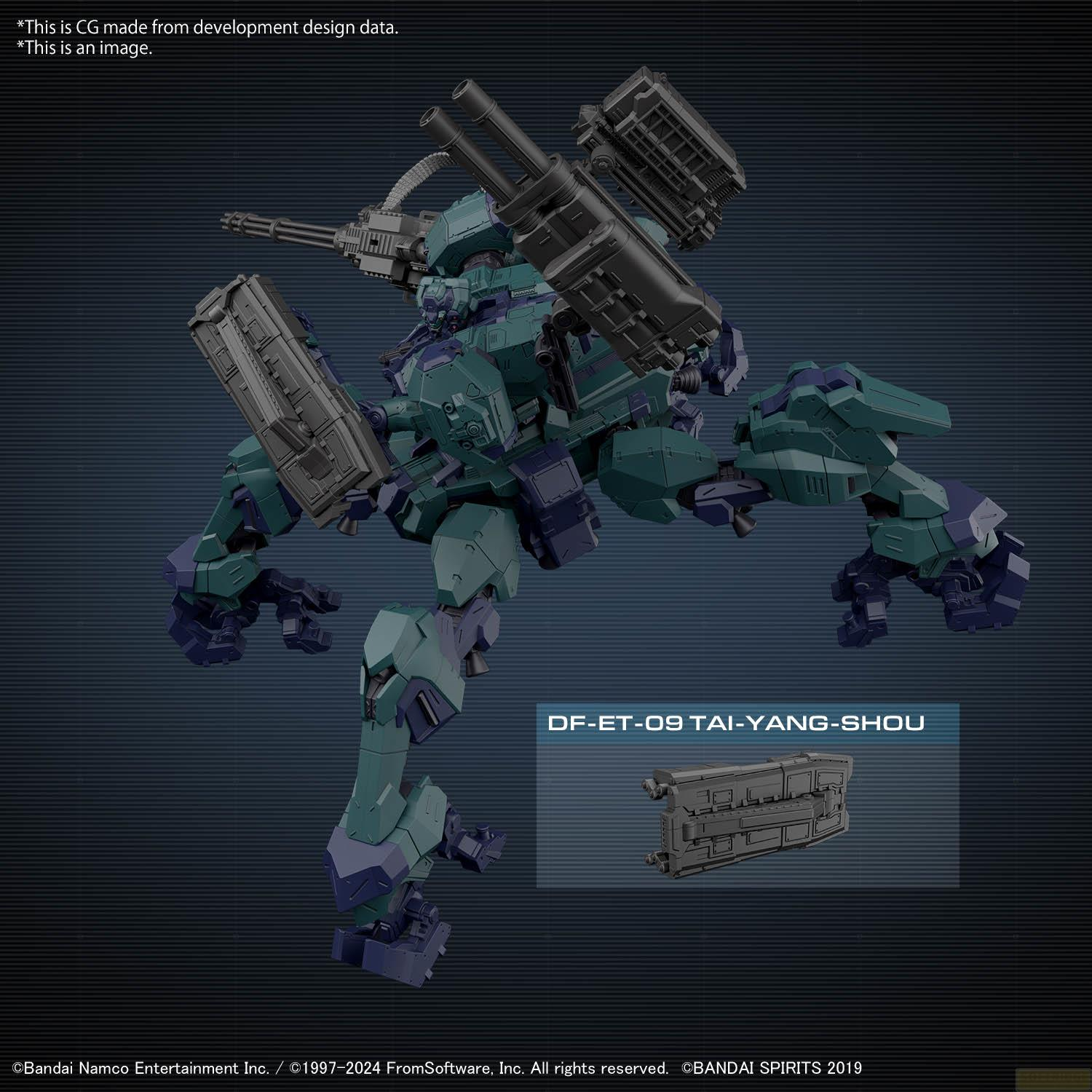 Ein grün-blauer Mech mit Waffen, darunter ein Gatling-Gewehr und Raketenwerfer.