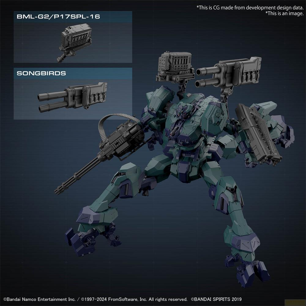 Ein grüner Mech mit Waffen, zwei kleinere Waffen-Modelle daneben.